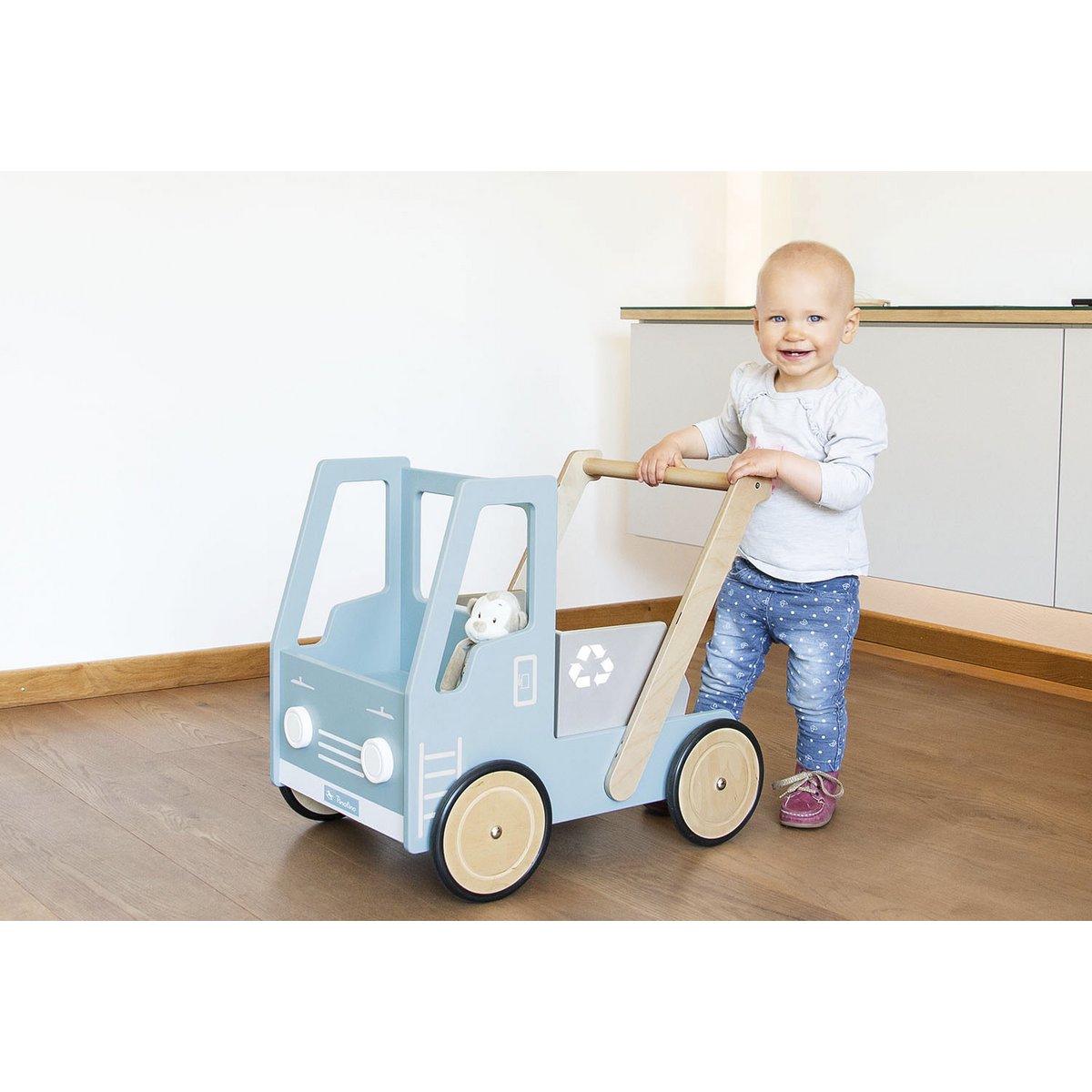Leren loopwagen 'Kipplaster Fred', blauw - Smart Simple