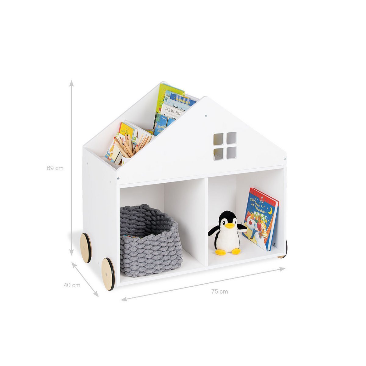 Kinderboekenplank op wieltjes 'Hus', wit - Smart Simple