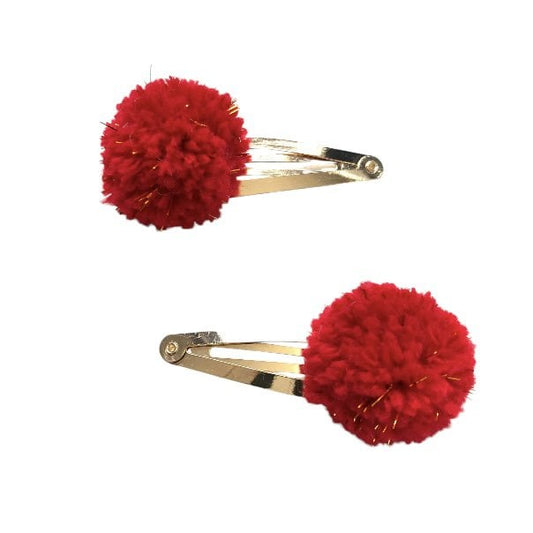Luna - Leena haarclips pom pom 2x - rood & goud - zachte wol - handgemaakt Nepal - Smart Simple