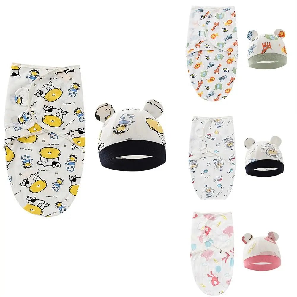 Adjustable Cartoon Cute Newborn Wrap Hat Set Sleeping Bag Swaddle Cotton - Smart Simple