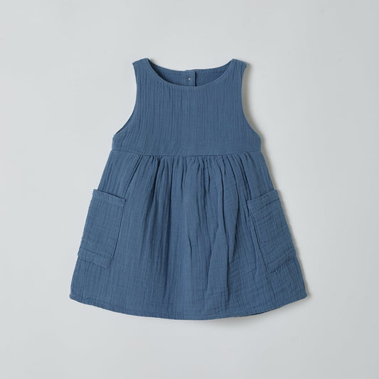OrganicEra organische mousseline mouwloze jurk met zak, indigo - Smart Simple
