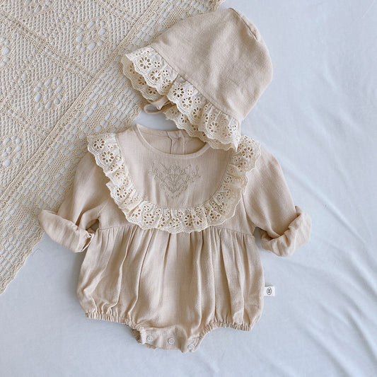 Lente Romper met Gratis Muts – Kantjurkje voor Baby’s (1 Jaar Feestoutfit)