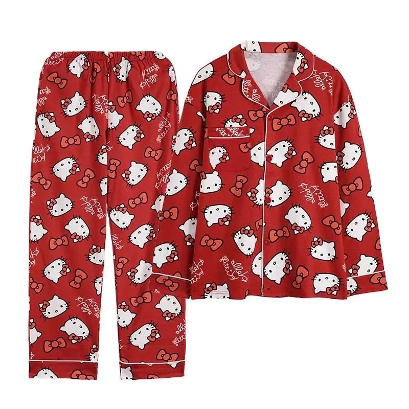 Sanrio Hello Kitty Baby Girls Pajamas Set Child Cartoon lapel Long Sleeve Top+Trousers 2Pcs Sleepwear Suit Kid Clothes Nightgown - Smart Simple